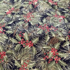 Red Rooster Cottin Quilting Fabric Red Green Gold Holly Berry Pine Cone 1.3 Yd