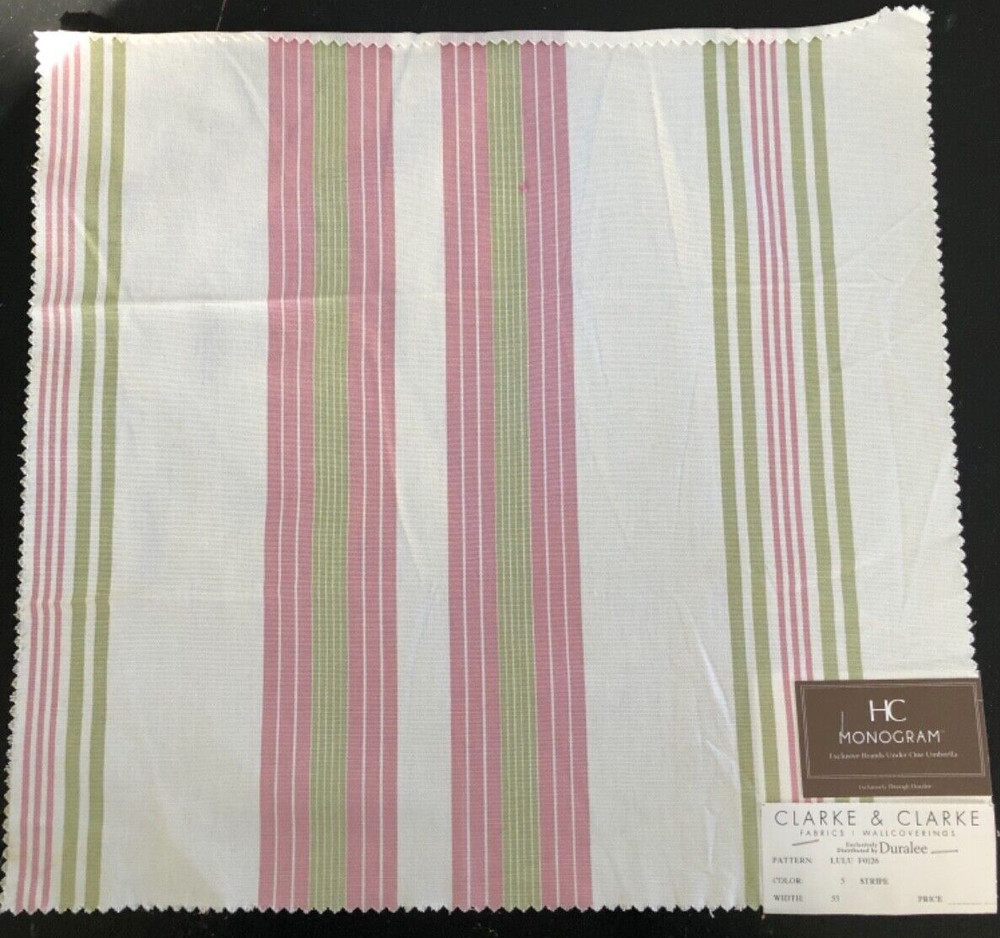 CLARKE & CLARKE Lulu Stripe in Pink, Green 16 1/2 x 17″ Cotton Fabric Sample
