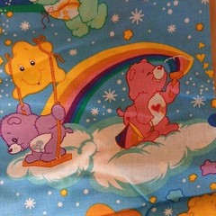Care Bears Cartoon Print Fabric Blue Rainbow Clouds 44″ W x 89″ L NWOT Vintage