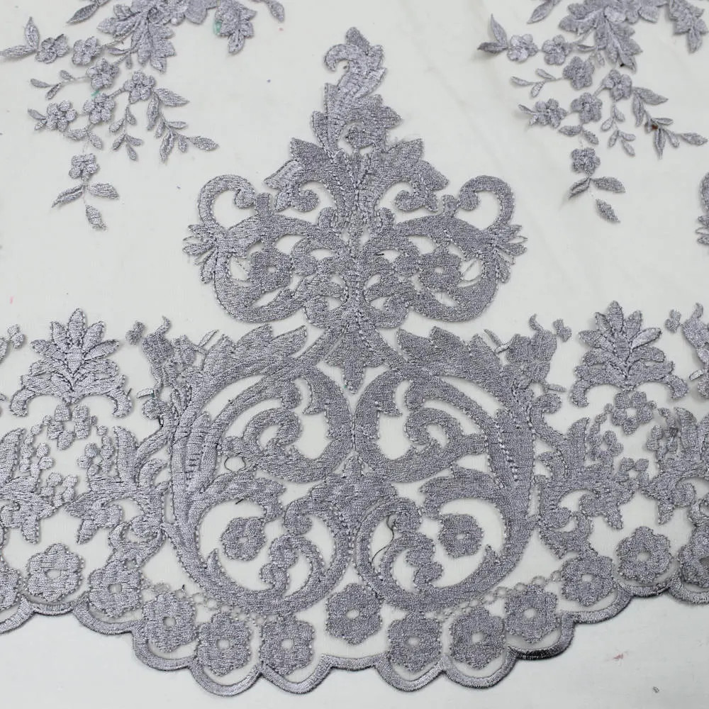 Teagan SILVER Damask Design Embroidered on Mesh Lace Fabric by the Yard – 10027