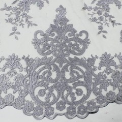 Teagan SILVER Damask Design Embroidered on Mesh Lace Fabric by the Yard – 10027