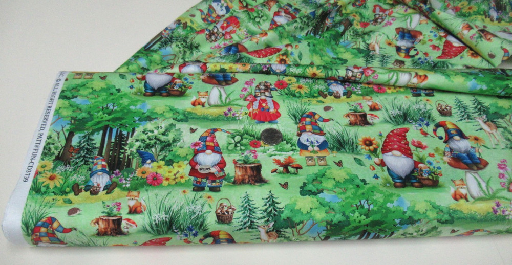 Timeless Treasures quilt-craft fabric HIPPIE GNOMES GARDEN green 2 yds (cd-3739)