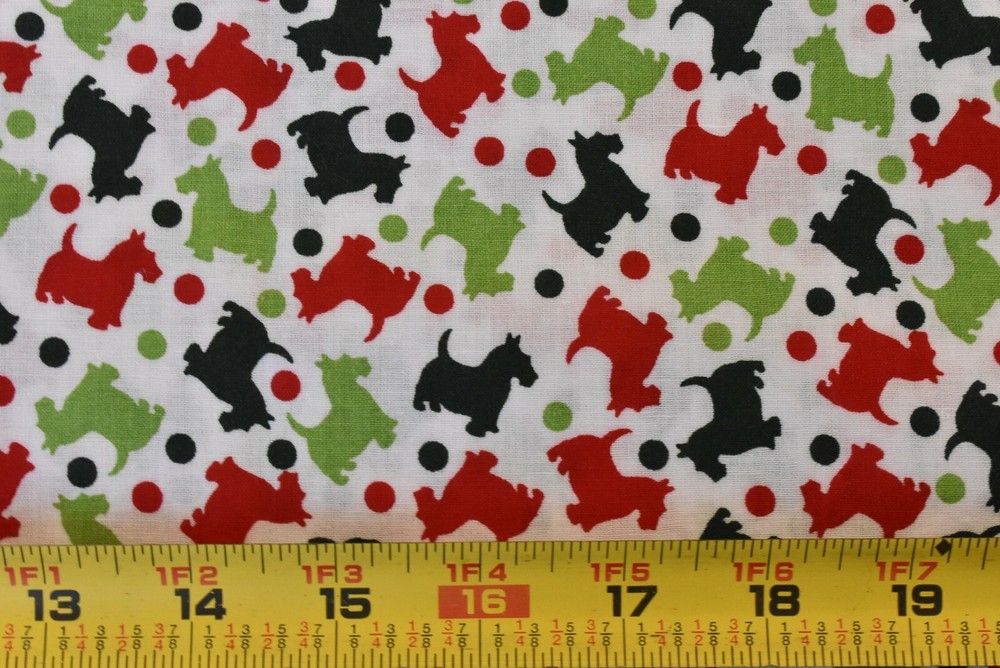 By 1/2 Yd, Red Green & Blue Scotty-Dogs on White Quilt Cotton, Jo-Ann, P3436