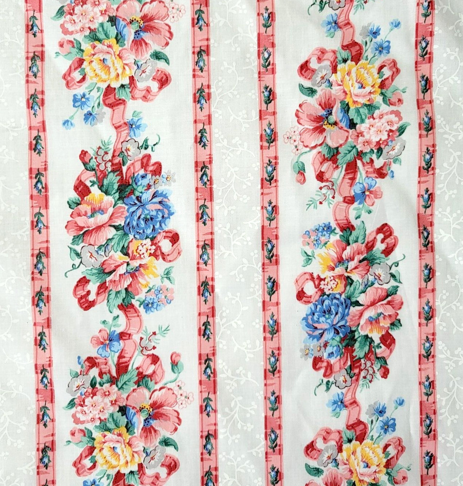 Vintage Cranston Floral Rose Bow Stripe Fabric Pink Blue Bouquet Cottagecore BTY