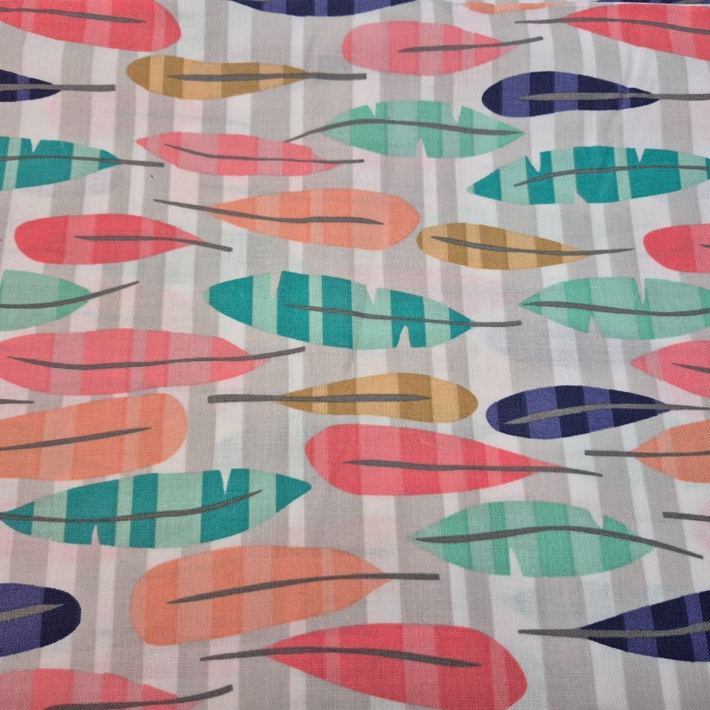 Muted Pastel Large Feathers on Striped Grey Background Cotton Fabric 3 Yards