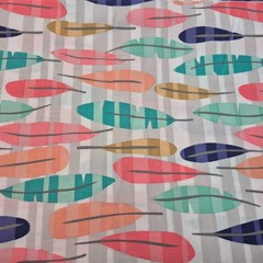 Muted Pastel Large Feathers on Striped Grey Background Cotton Fabric 3 Yards