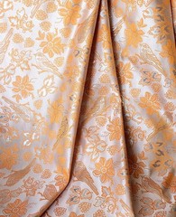 Metallic Brocade Fabric Tangerine Orange Bird Heart Floral 57″ Wide by the Yard