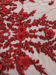 3D Floral Lace Fabric Luxury Red Beaded Embroidered Bridal Evening Dress