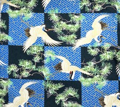 Japanese fabric cranes birds art deco black blue gold heron stork asian chinese