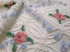 Pink Roses in Winter Vtg Chenille Bedspread Fabric Romantic Floral Dot 22″ x 20″