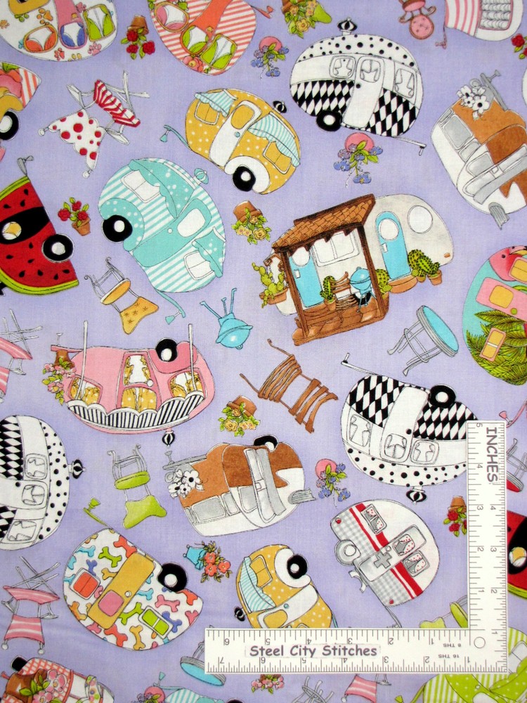 Camper Trailer Fabric Purple Happy Campers Cotton Loralie Designs By the Yard