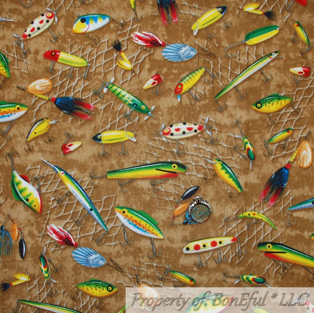BonEful FABRIC FQ Cotton Quilt Brown Rainbow Fish Lure Hunt Cabin Lake Water Boy