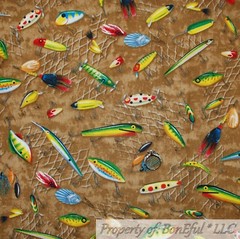 BonEful FABRIC FQ Cotton Quilt Brown Rainbow Fish Lure Hunt Cabin Lake Water Boy