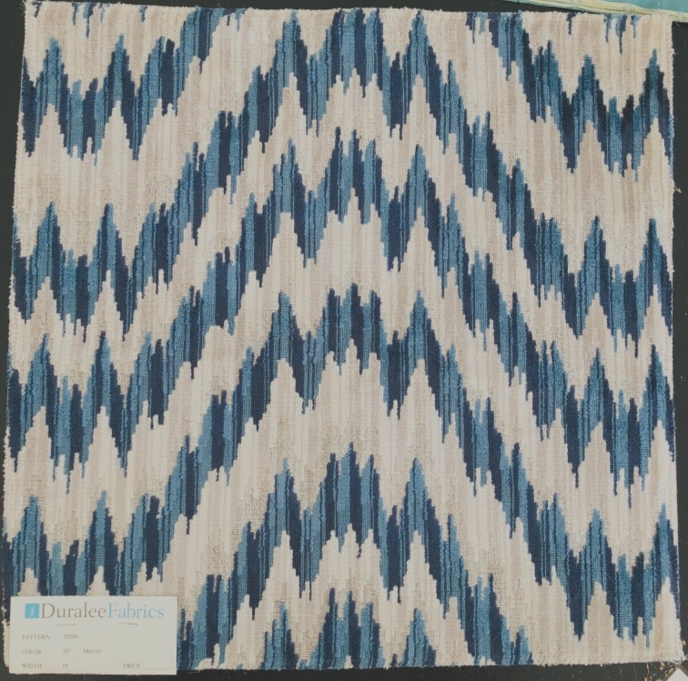 DURALEE Ikat Chevron in Marine Blue & Taupe 16 3/4″ Woven Chenille Fabric Sample
