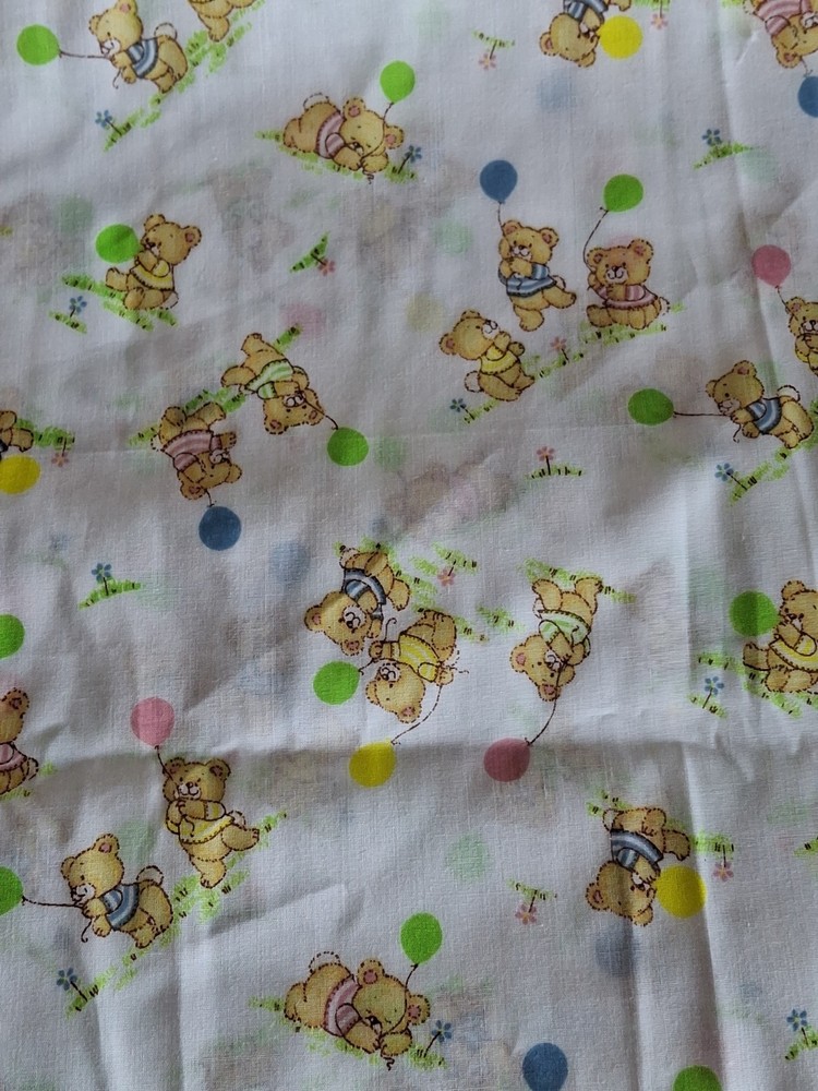 Vtg. Cotton Fabric Boy Girl Bear Balloon Grass -White Nursery, 2 yds x 44