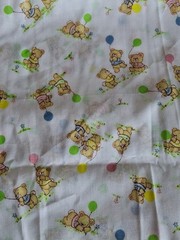 Vtg. Cotton Fabric Boy Girl Bear Balloon Grass -White Nursery, 2 yds x 44