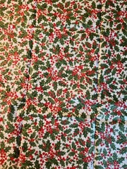 Nature’s Holiday Poinsettia Holly Metallic Packed Ivory Cotton Fabric .58 Yard