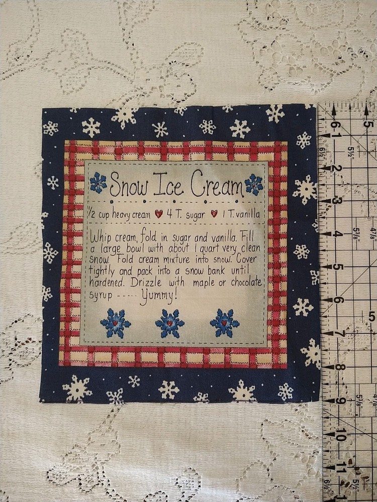 Snow Ice Cream Recipe Snowflakes Dianna Marcum Cotton 8 1/2″ Fabric Square Blue