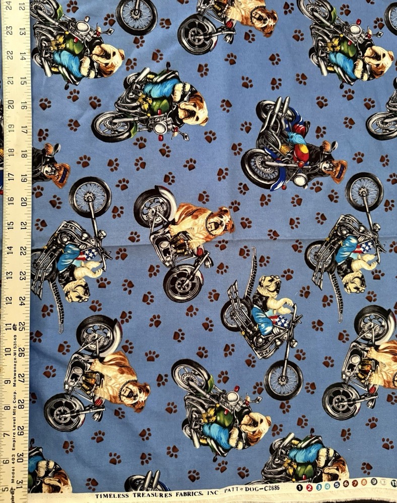 VINTAGE Motorcycle Bulldogs (Timeless Treasures) – BTFQ: 18” x 22”