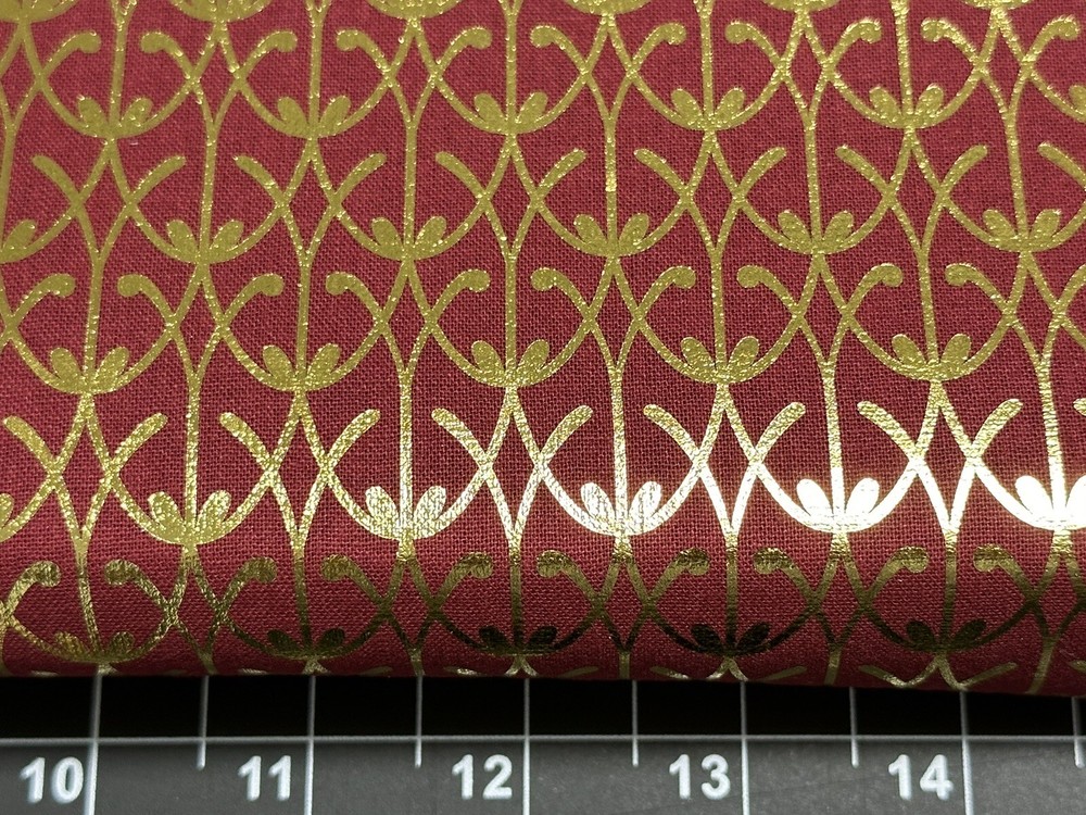 Tina Scrap 9″x21″ Valentine Red Flower Floral Swirl Metallic Gold COTTON Fabric