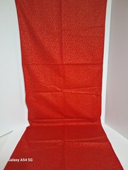 Vintage Red & Gold Handmade Tablecloth 68″ x 44″ Floral Scroll Design 1970’s