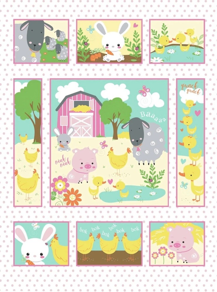 Wee Ones by Oasis Fabrics Pink Farm Animals Cotton Quilt Fabric Panel 35″ X 43″