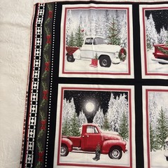 Christmas Red & White Truck Fabric 3 Panels For Quilting Read