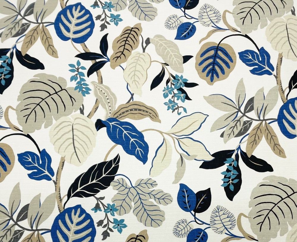 P KAUFMANN MERIDIA PERRI BLUE BROWN LEAF SLUB DUCK COTTON FABRIC BY YARD 54″W