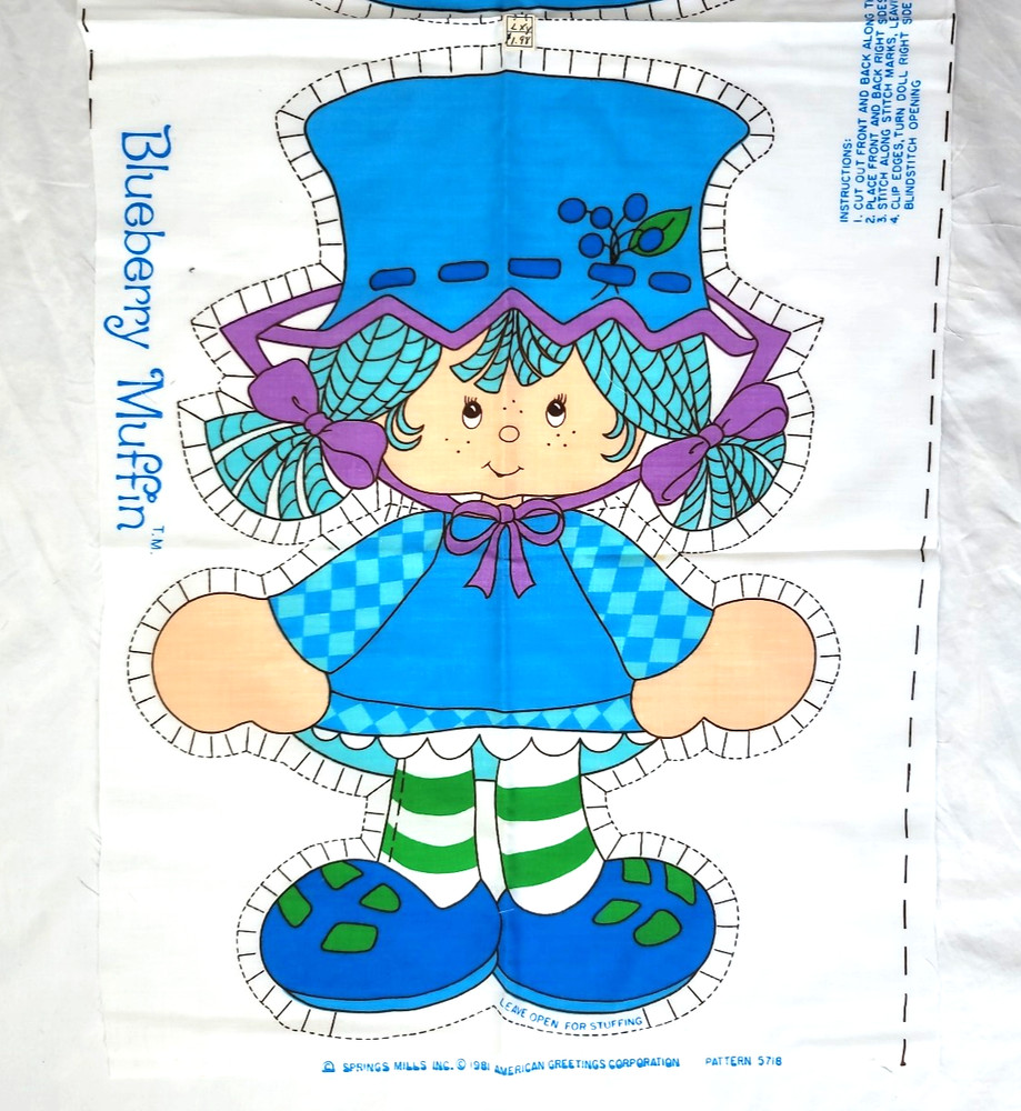 Vtg Blueberry Muffin Fabric Panel Cut Sew Stuffed Doll Strawberry Shortcake 1981