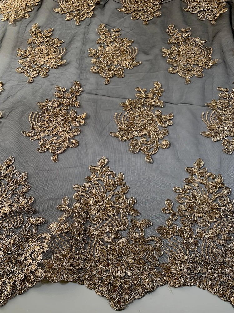 Brianna GOLD Polyester Floral Embroidery with Sequins on BLACK Mesh Lace Fabric