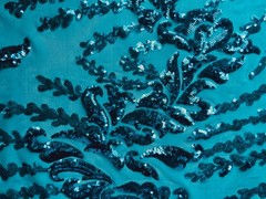 Miranda TEAL Vines and Leaves Sequins on TEAL Mesh Lace Fabric by the Yard – 10