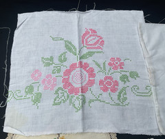Vintage Handstitched Roses Fabric Scraps Lot Doily Slow Stitch Junk Journal – 4