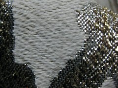 vintage 2-1/2 yd METALLIC & Cotton (?) FABRIC Gold & Silver on Cream 43″w. washd