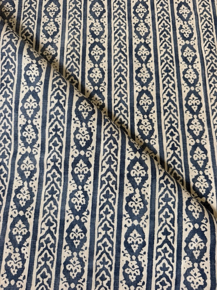 Namay Samay Handprinted Persian Floral Linen Fabric- Bujh 3 Yards in Denim