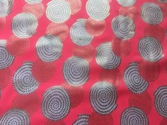 Orange Spandex with Gold Foil on White Circles Fabric – 32″repeat ~ 7/8 yd