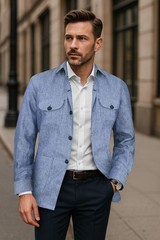 Soft Breathable Blue Cotton Linen Herringbone Fabric Summer Shirts Over Material