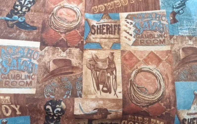 “Way Out West” Boots Sadle Cowboys Gun Rope Brown Blue fabric AYZ 1.25 Cotton