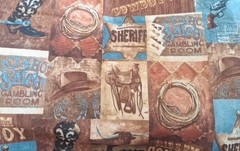 “Way Out West” Boots Sadle Cowboys Gun Rope Brown Blue fabric AYZ 1.25 Cotton