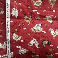 VTG 1993 Fabric Traditions Red Chicken Hens Eggs Farm Chickens 184”x44” 5+ Yds