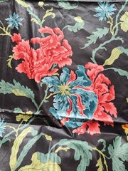 Vtg LEE JOFA CH’IEN LUNG Hand PRINT PEONY CHINOISERIE JACOBEAN FABRIC Navy Zepel