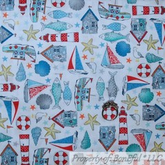 BonEful Fabric FQ Cotton Quilt Blue Teal Red White Navy Marine Water American US
