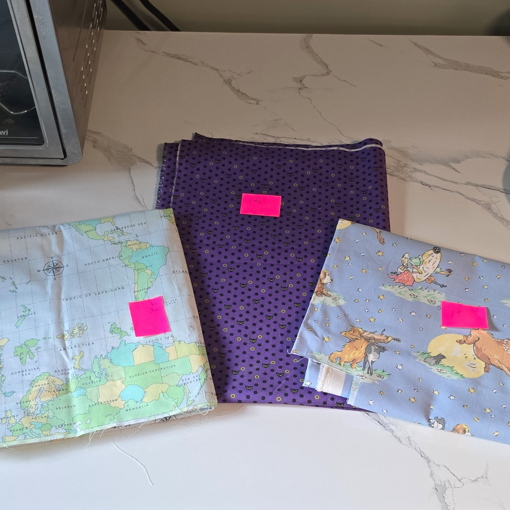 DESTASH Lot of 3 Fabric Pieces Multicolor Map Purple Dots Blue Cow Moon Cat