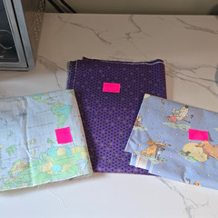 DESTASH Lot of 3 Fabric Pieces Multicolor Map Purple Dots Blue Cow Moon Cat
