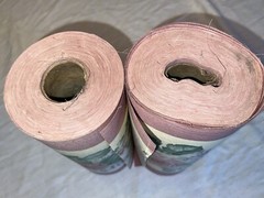 2 rolls ~150 total yds mauve cotton(?) 11″W floral border print fabric, +8 pcs