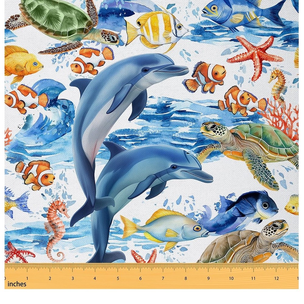 Manfei Marine Animals Sea Turtles Fish Starfish Waterproof Fabric By The Yard