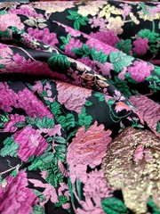 FUCHSIA PINK GOLD Floral Brocade Fabric Sold By The Yard Green Leaves For Dress