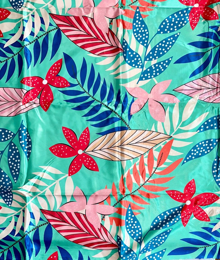 African Print, Satin Fabric- Turquoise, Blue, Red “Hopebloom”, Yard or Wholesale