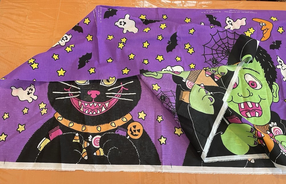 Vintage Halloween Fabric Glow In The Dark 60×80 Frankenstein Black Cat Purple