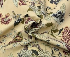 WHIPPOORWILL TAPESTRY BEIGE BIRD FLORAL LINEN FABRIC W/BACKING BY YARD 54″W