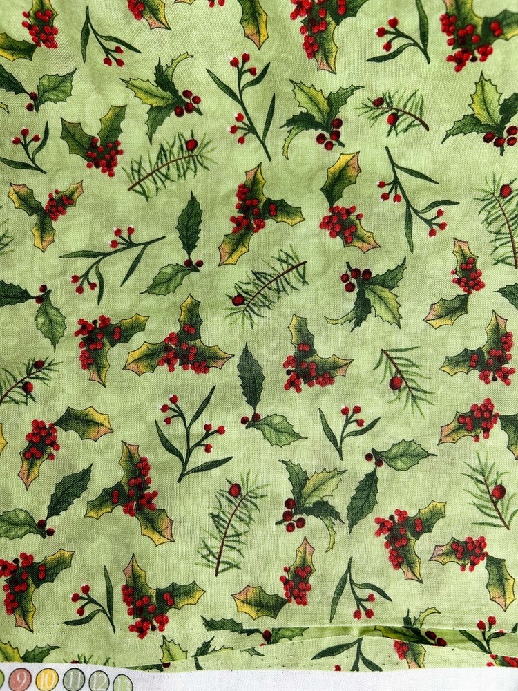 Christmas Holly Berry Pine Cotton Elegant Greenery Cat Williams 2.3 Yd Green Red